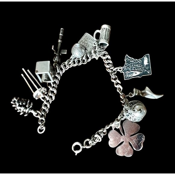 Sterling Silver Charm Bracelet W/ Pinecone Mug Clover & State Charms VTG 6.25” L - Picture 5 of 15